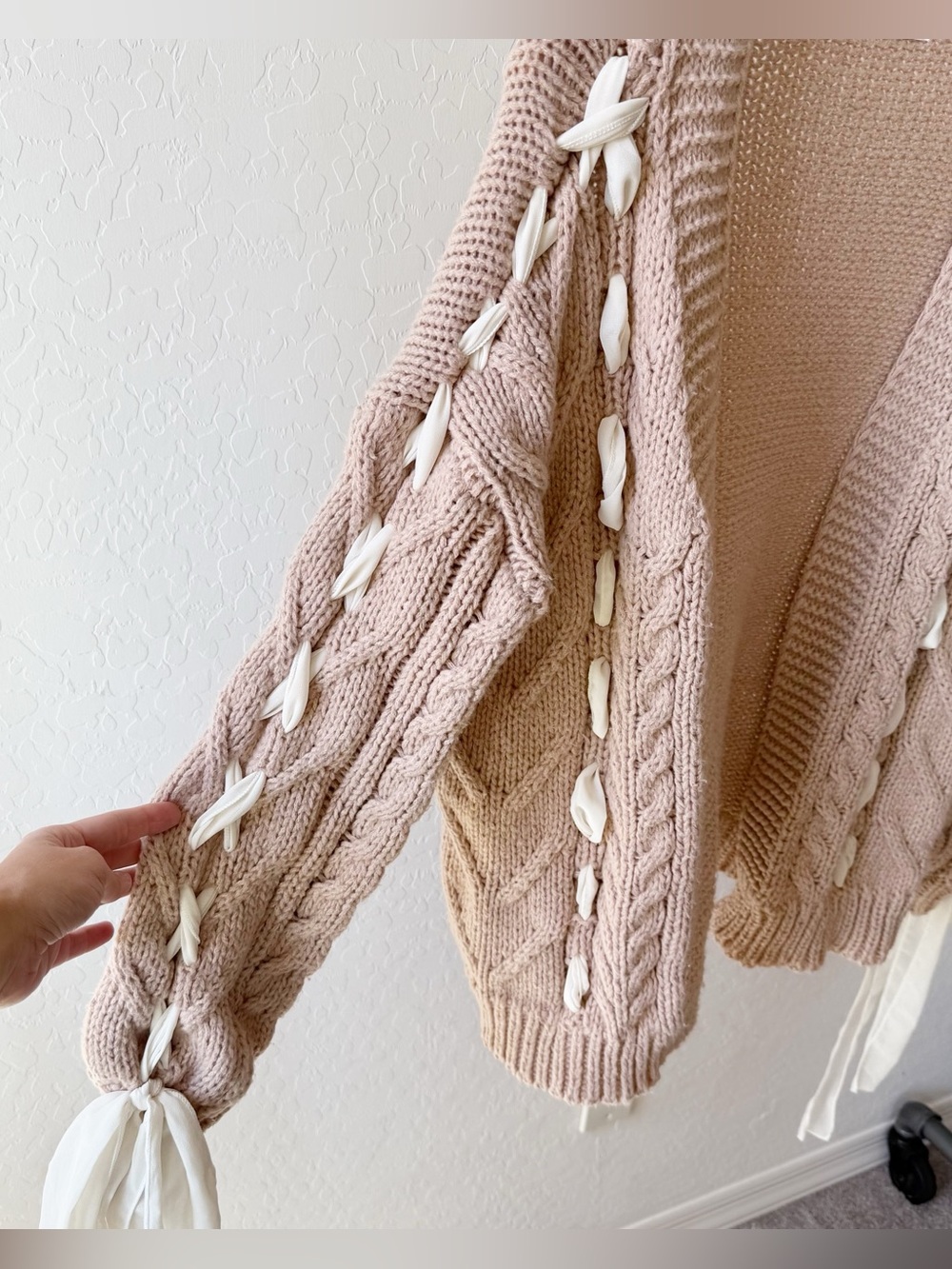 Altar'd State Callia Ribbon Chunky Cable Knit Cardigan in Taupe and Ivory - Picture 5 of 9